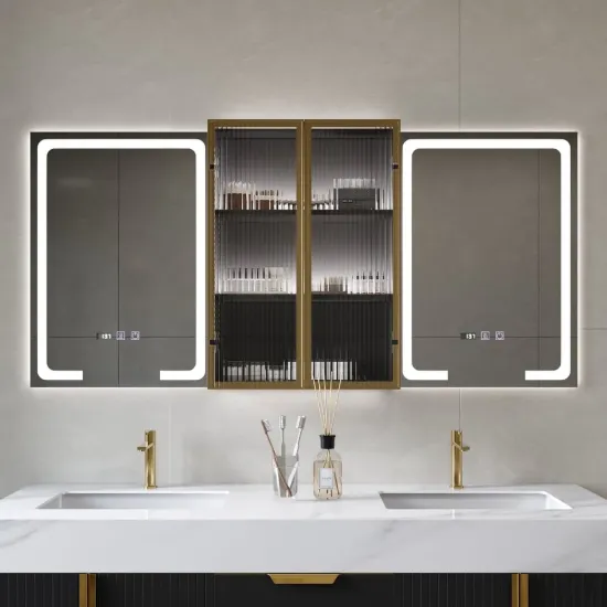 59" Black LED Mirror Cabinet with Centre Storage, 3-Colour Dimmable & Defogger