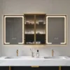 59" Black LED Mirror Cabinet with Centre Storage, 3-Colour Dimmable & Defogger