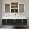 59" Black LED Mirror Cabinet with Centre Storage, 3-Colour Dimmable & Defogger
