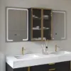 59" Black LED Mirror Cabinet with Centre Storage, 3-Colour Dimmable & Defogger