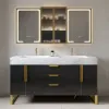 59" Black LED Mirror Cabinet with Centre Storage, 3-Colour Dimmable & Defogger