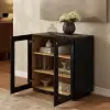 31" Ash Wood Veneer TV Stand with Glass Doors, Chest Cabinet and LED