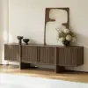Lineva 80" Solid Wood Fluted Smoked Brown TV Stand with Cabinets