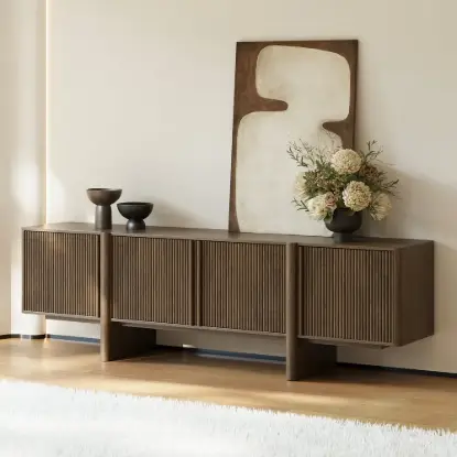 Picture of Lineva 80" Solid Wood Fluted Smoked Brown TV Stand with Cabinets