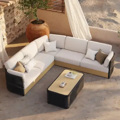 Picture of Costra Handwoven Rope L-Shaped Outdoor Sofa with Coffee Table in Black