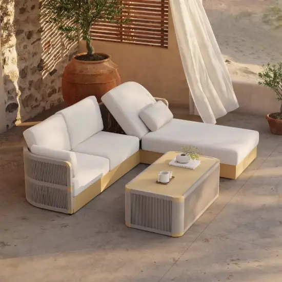 Costra Handwoven Rope Adjustable Outdoor Chaise Sofa Set in Ivory