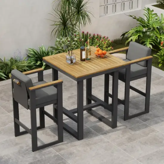 Tevara 3-Piece Outdoor Teak Wood Modern Bar Dining Table Set with 2 Chairs – AUD-H3000