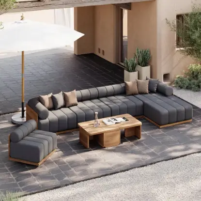 Picture of Resaro 8-Piece Outdoor Modular Natural Teak Sectional Fluted Sofa Set in Gray