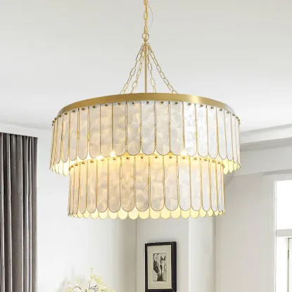 Enseo Coastal 8-Light Capiz Shell 2-Tiered Faceted Chandelier Pendant Light Gold White