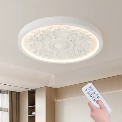 French Elegant White Resin 3D Carved LED 3-Mode Dimmable Flush Mount Ceiling Light