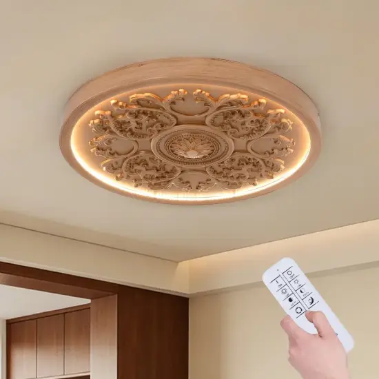 French Elegant Natural Resin 3D Carved LED 3-Mode Dimmable Flush Mount Ceiling Light