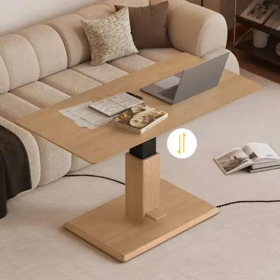 Modern 47" Natural Wood Veneer Height-Adjustable Coffee Table with Pedal Control