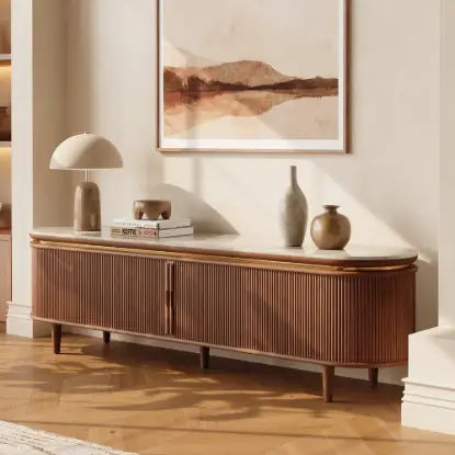 79" Ash Wood Walnut Fluted TV Stand with Sintered Stone Top