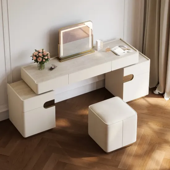 Horva Extendable Ivory Makeup Vanity Set with LED Mirror and Vanity Stool (57"–73")