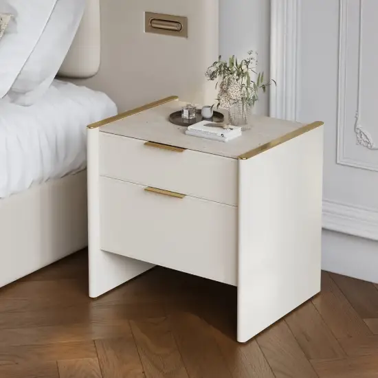 Modern Saddle Leather 2-Drawer Nightstand with Faux Travertine Stone Top