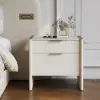 Modern Saddle Leather 2-Drawer Nightstand with Faux Travertine Stone Top