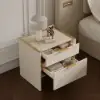 Modern Saddle Leather 2-Drawer Nightstand with Faux Travertine Stone Top