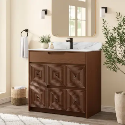 Picture of 92cm Walnut Single Bathroom Vanity with Sink and Sintered Stone Top