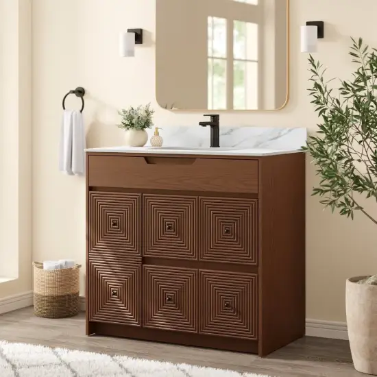 92cm Walnut Single Bathroom Vanity with Sink and Sintered Stone Top