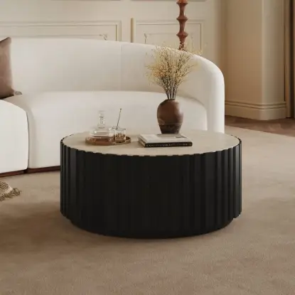 Picture of Aura 35" Round Black Slatted Sintered Stone Coffee Table with 2 Drawers