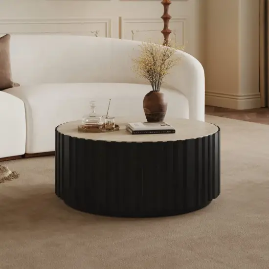 Aura 35" Round Black Slatted Sintered Stone Coffee Table with 2 Drawers