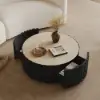Aura 35" Round Black Slatted Sintered Stone Coffee Table with 2 Drawers
