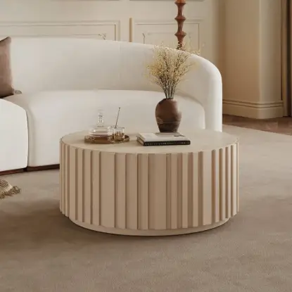 Picture of Aura 35" Round Washed White Slatted Sintered Stone Coffee Table with 2 Drawers