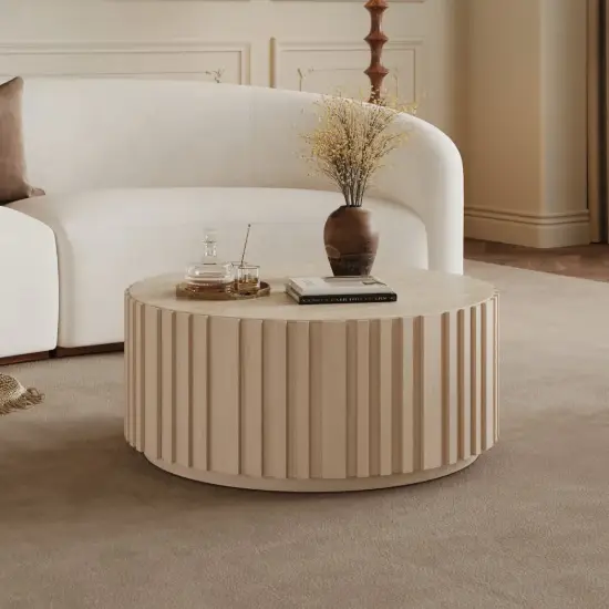 Aura 35" Round Washed White Slatted Sintered Stone Coffee Table with 2 Drawers