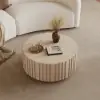 Aura 35" Round Washed White Slatted Sintered Stone Coffee Table with 2 Drawers