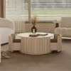 Aura 35" Round Washed White Slatted Sintered Stone Coffee Table with 2 Drawers