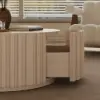 Aura 35" Round Washed White Slatted Sintered Stone Coffee Table with 2 Drawers