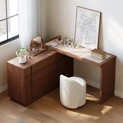Picture of Panvyr Wooden Extendable L-Shaped Makeup Vanity Dresser with Vanity Mirror (49"–94")