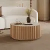 Aura 35" Ash Wood Slatted Round Coffee Table with Sintered Stone Top – Natural