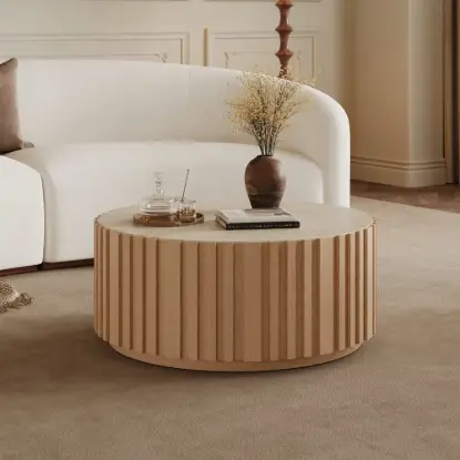Picture of Aura 35" Ash Wood Slatted Round Coffee Table with Sintered Stone Top – Natural