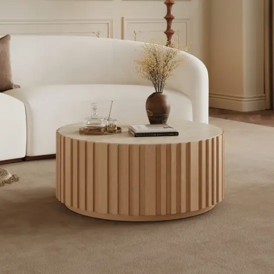 Aura 35" Ash Wood Slatted Round Coffee Table with Sintered Stone Top – Natural