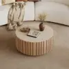 Aura 35" Ash Wood Slatted Round Coffee Table with Sintered Stone Top – Natural