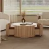 Aura 35" Ash Wood Slatted Round Coffee Table with Sintered Stone Top – Natural