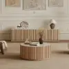 Aura 35" Ash Wood Slatted Round Coffee Table with Sintered Stone Top – Natural