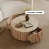Aura 35" Ash Wood Slatted Round Coffee Table with Sintered Stone Top – Natural