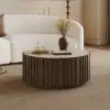 Aura 35" Ash Wood Slatted Round Coffee Table with Sintered Stone Top – Smoked Brown