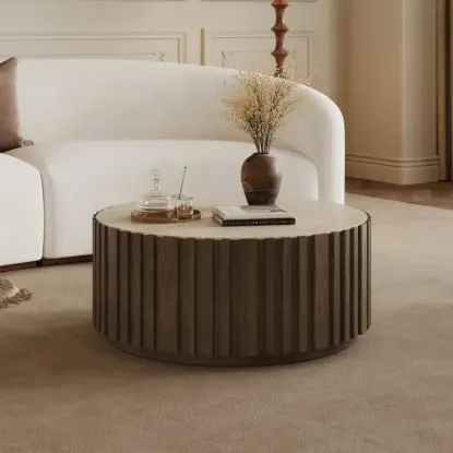 Picture of Aura 35" Ash Wood Slatted Round Coffee Table with Sintered Stone Top – Smoked Brown