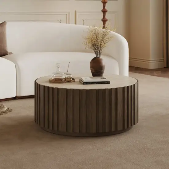 Aura 35" Ash Wood Slatted Round Coffee Table with Sintered Stone Top – Smoked Brown