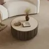 Aura 35" Ash Wood Slatted Round Coffee Table with Sintered Stone Top – Smoked Brown