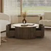 Aura 35" Ash Wood Slatted Round Coffee Table with Sintered Stone Top – Smoked Brown