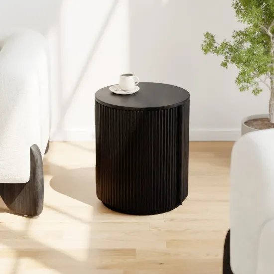 Round Fluted Side Table with Storage – Black