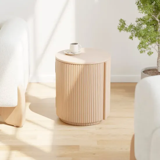Round Fluted Side Table with Storage – Whitewash