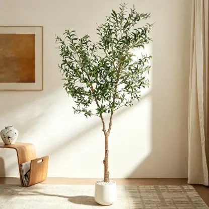 8 ft. Artificial Olive Tree with Planter and Decorative Pebbles