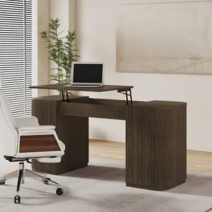 Picture of Velign 152 cm Walnut Standing Computer Desk with 2-Door Storage Cabinet