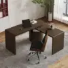 Modern 152 cm L-Shaped Walnut Office Desk with Drawers, Rotating Design – Smoked Brown