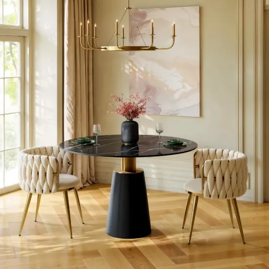 Dining Set 39" Glossy Black Sintered Stone Dining Table with 2 Chairs